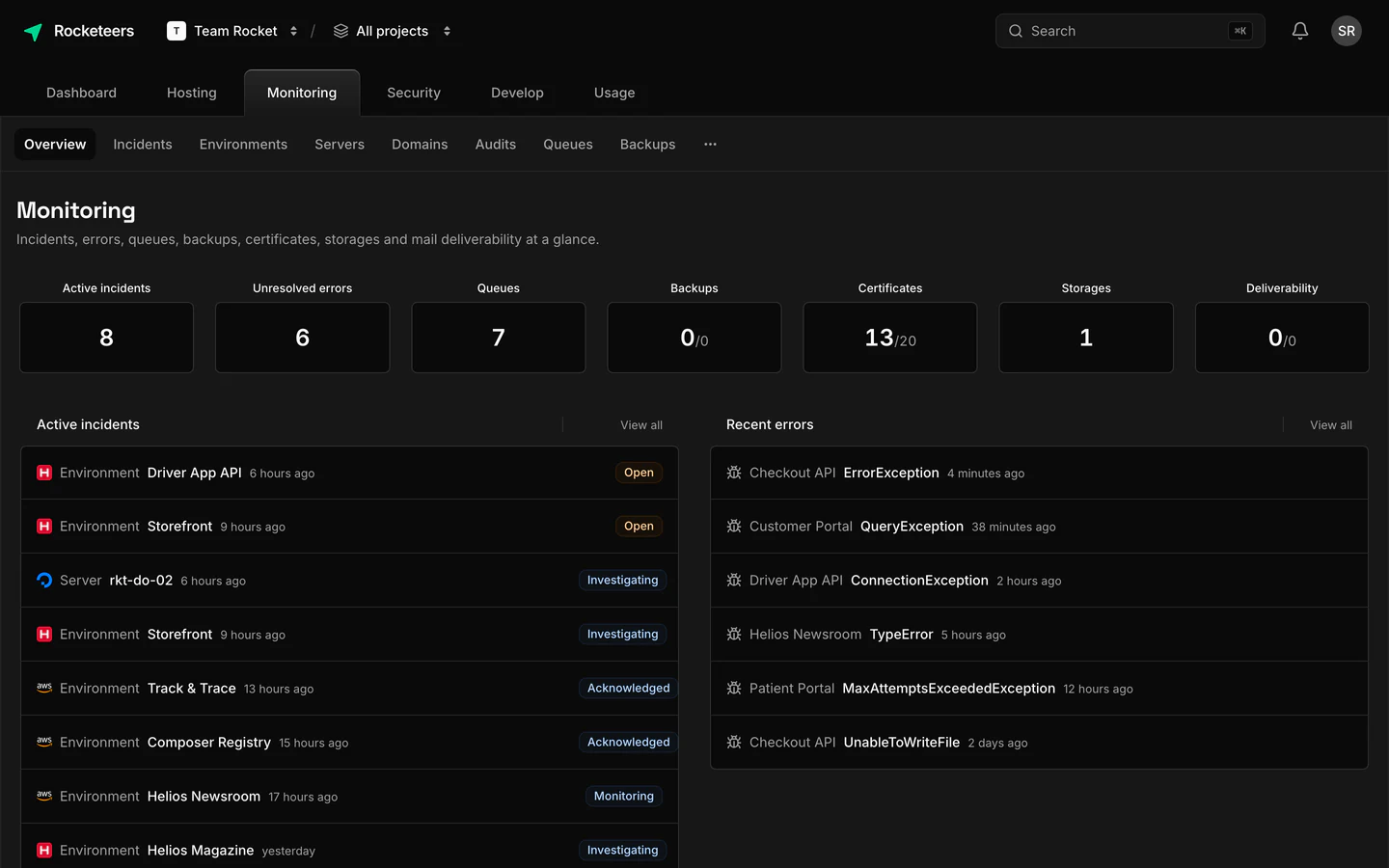 The Rocketeers monitoring overview with active incidents and health counters