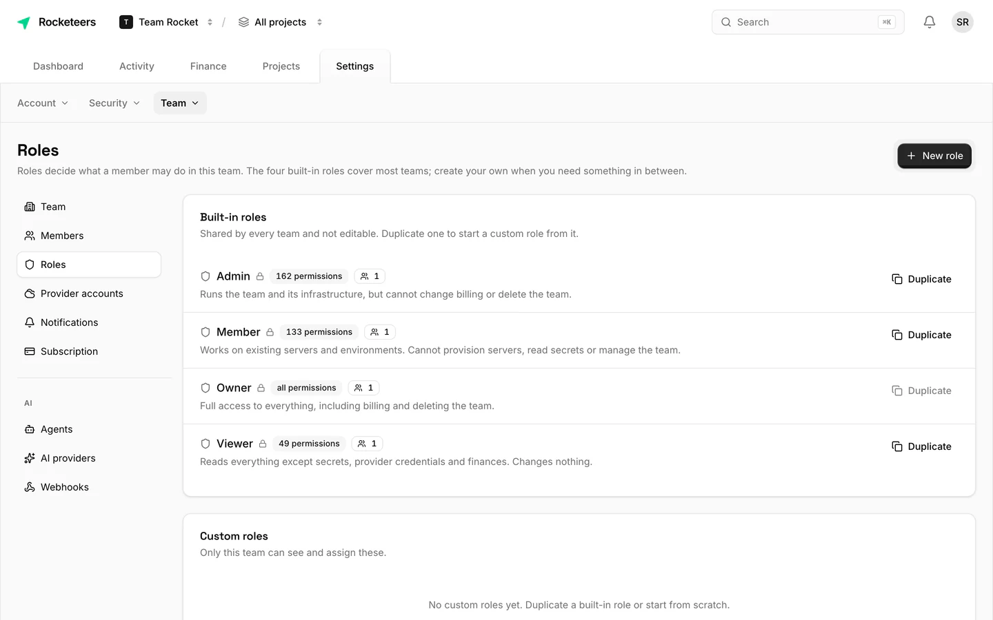 Team roles and their permissions in Rocketeers